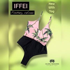 NWT IFFEI Sz Medium Flattering Tropical Twist-Front Palm Tree One-Piece Swimsuit